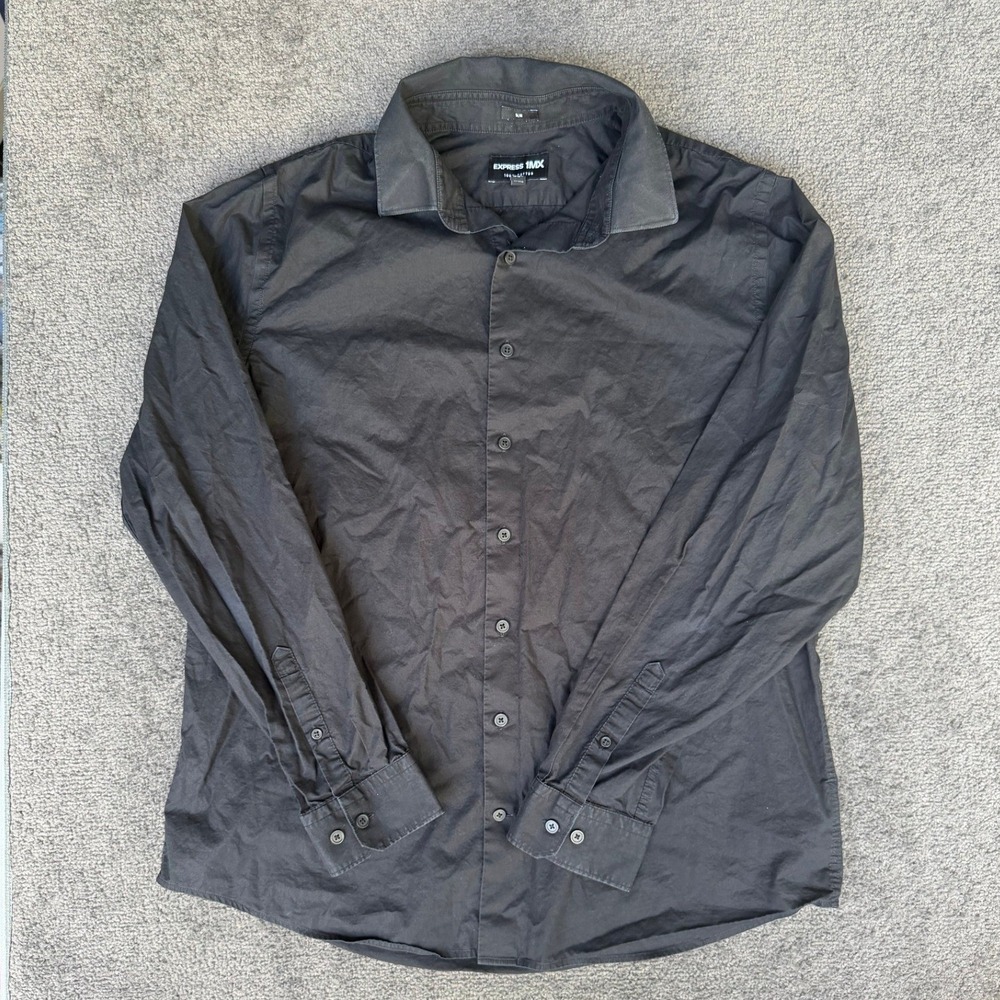 Express 1MX Slim Fit Mens Dress Shirt Black Cotton Long Sleeve Size L 16-16.5